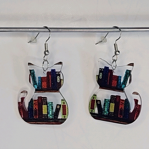 Cat Shaped Bookshelf Dangle Earrings  Lightweight Colorful Statement Jewelry NEW - Picture 9 of 9
